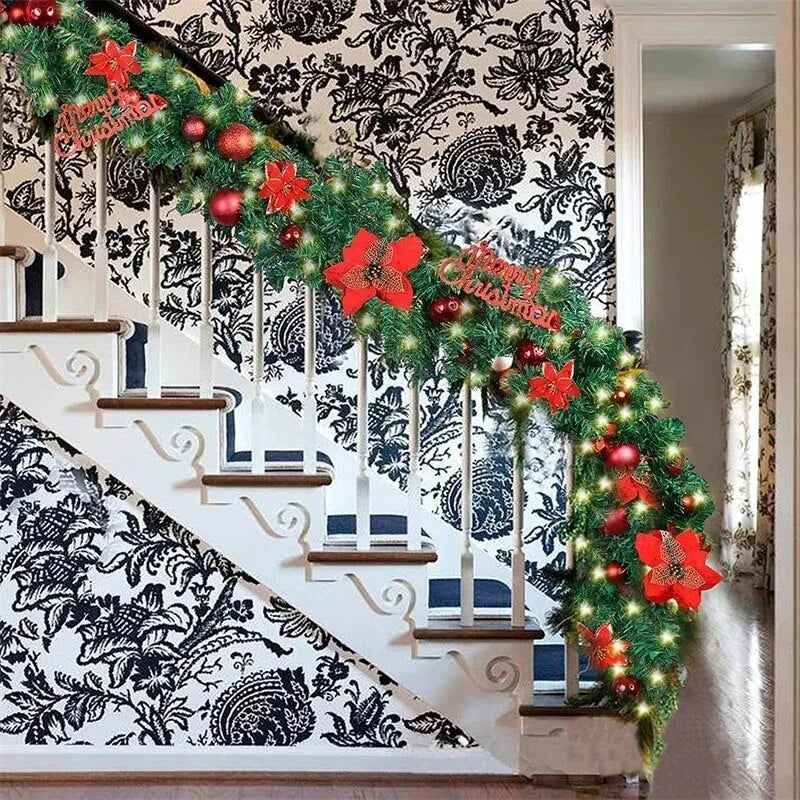 2.7M Christmas LED Rattan Garland Decorative Artificial Flower Pine Tree Ornament Xmas Party Home Fireplace Door Stairs Decor